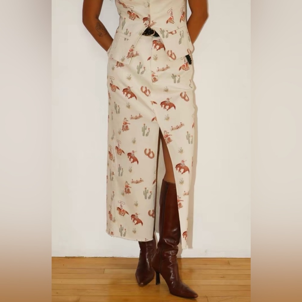 Cowgirl Western Cactus Print Denim Maxi Skirt